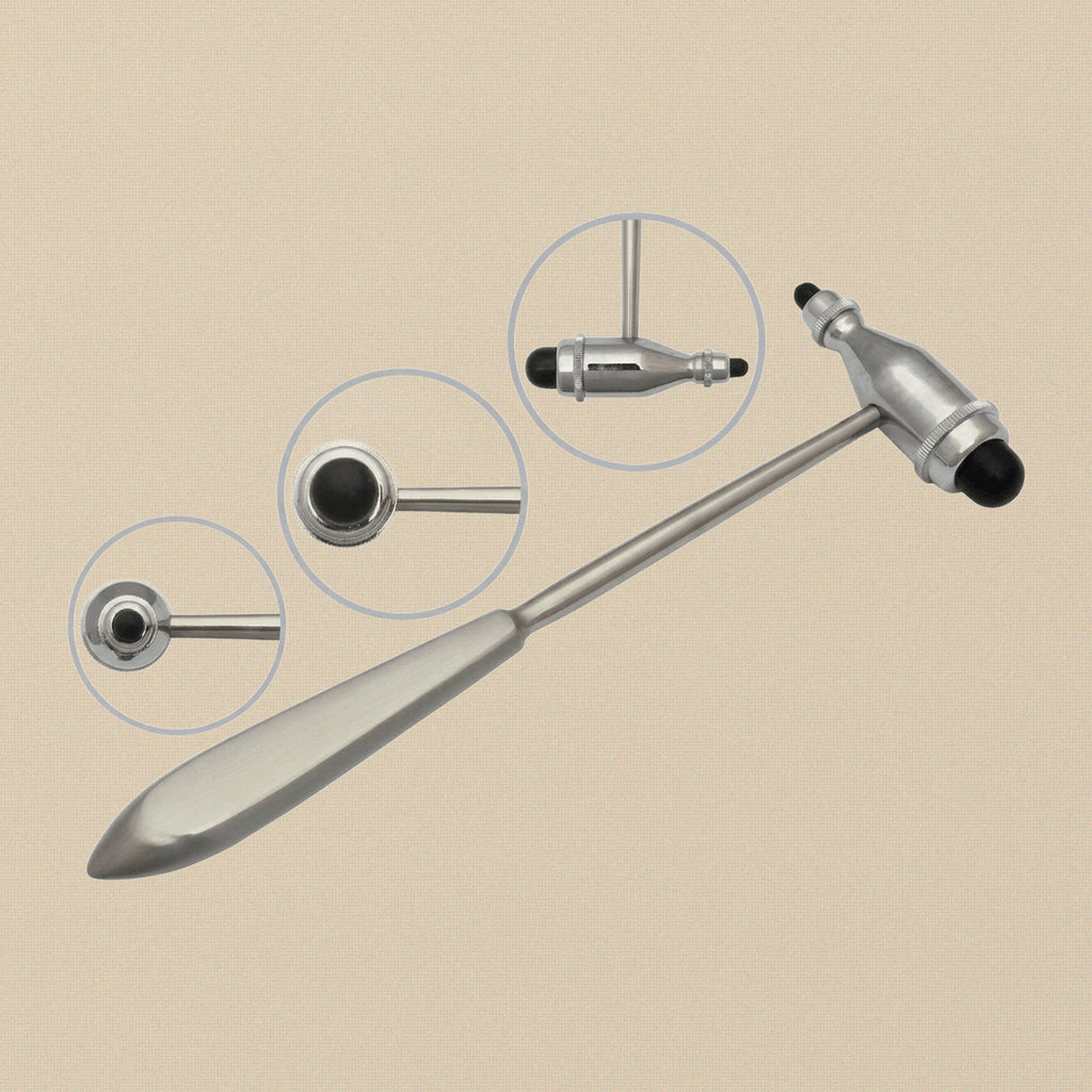 Troemner-style neurological reflex hammer in surgical steel with dual rubber heads.