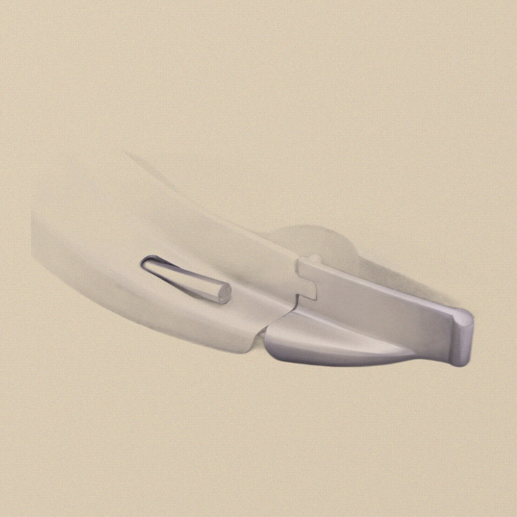 The knurled stainless steel handle of the LED laryngoscope.