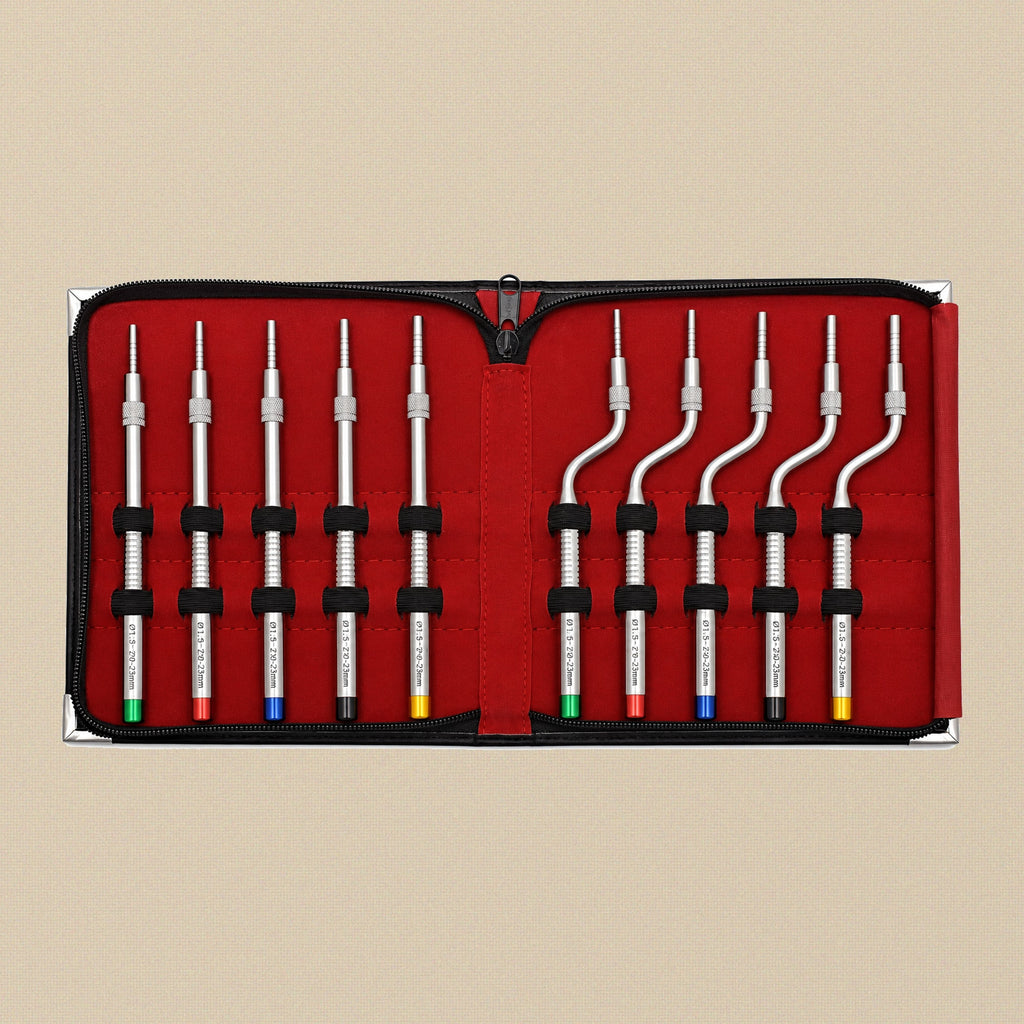 10-Piece Sinus Lift Osteotome Set with Straight and Offset Concave Tips in Leather Case