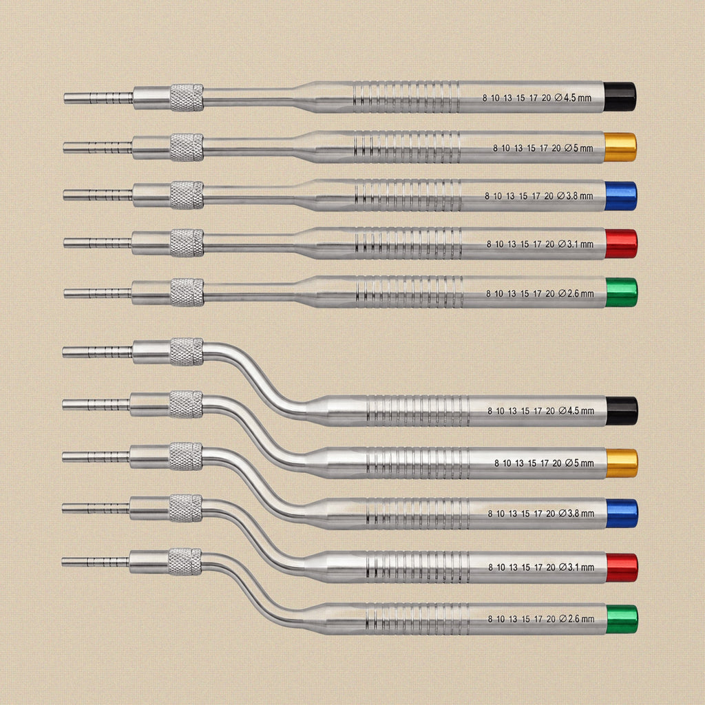 10-Piece Sinus Lift Osteotome Set with Straight and Offset Concave Tips in Leather Case