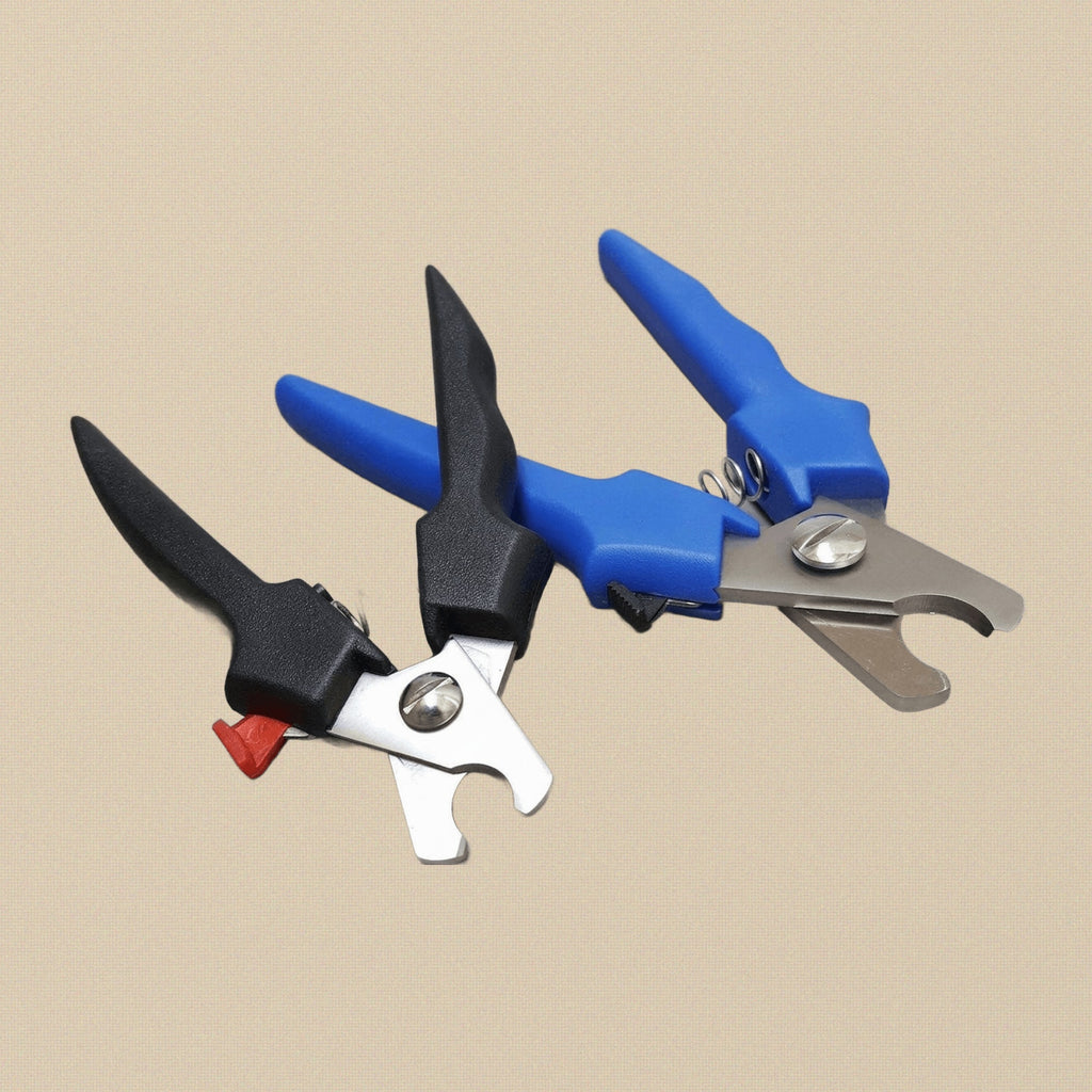 Ergonomic scissor-style pet nail clippers with blue handles, shown in the open position.