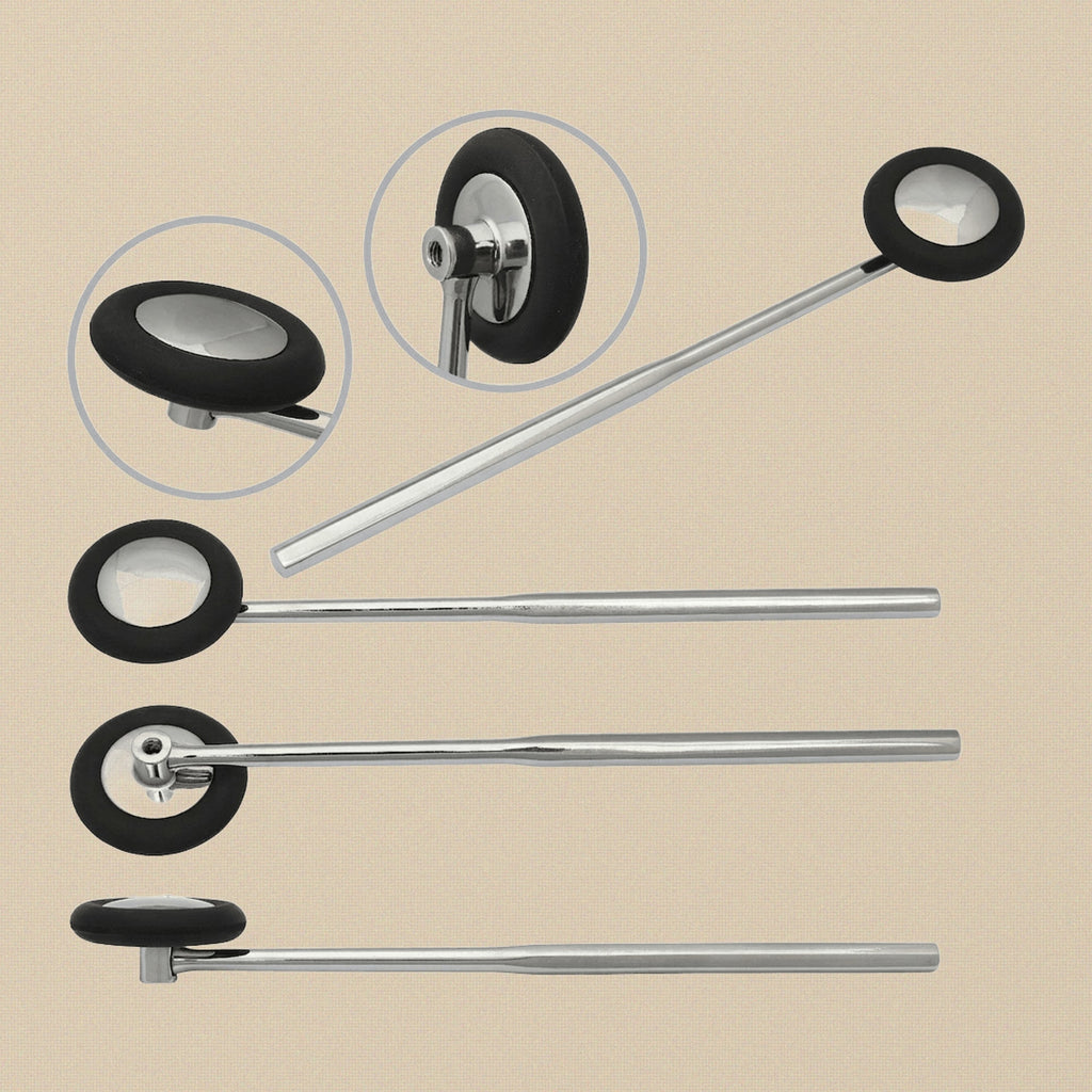 Babinski-style reflex hammer with stainless steel handle and circular rubber head.