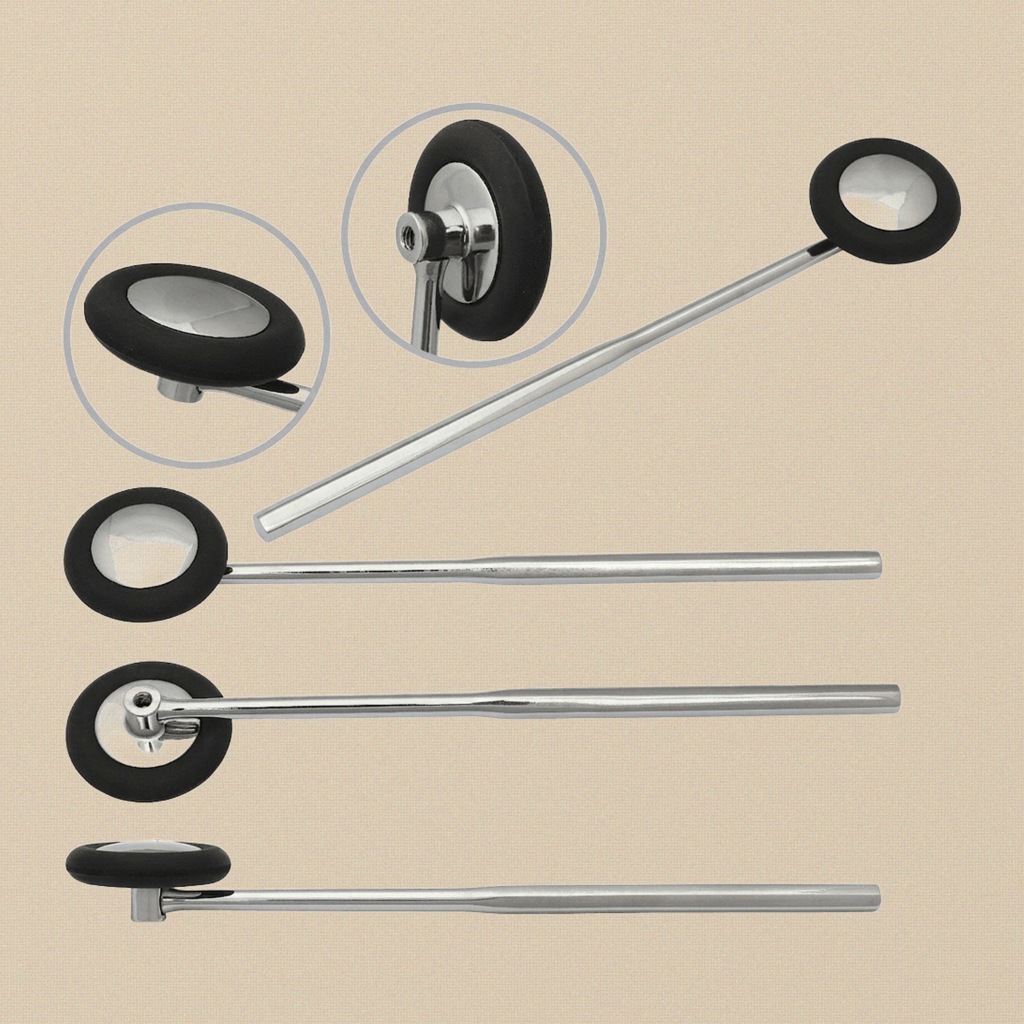 Babinski-style reflex hammer with stainless steel handle and circular rubber head.