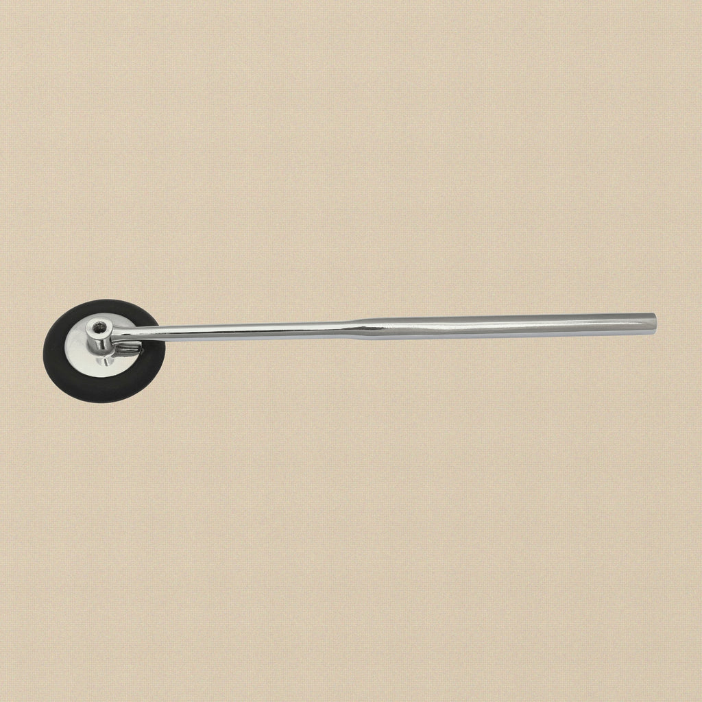 Detail of the textured grip on the stainless steel handle of the reflex hammer.