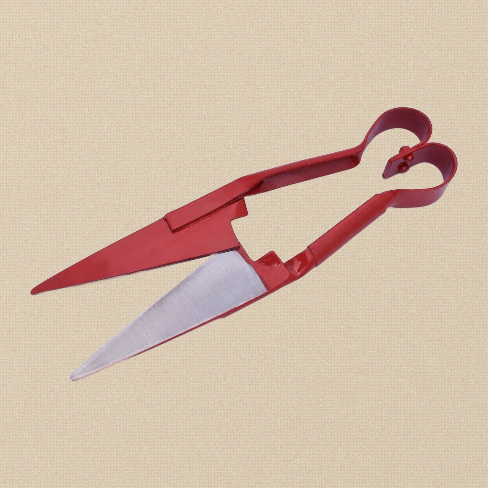 A pair of traditional 12-inch double-bow sheep shears with red-coated handles, shown closed on a white background.