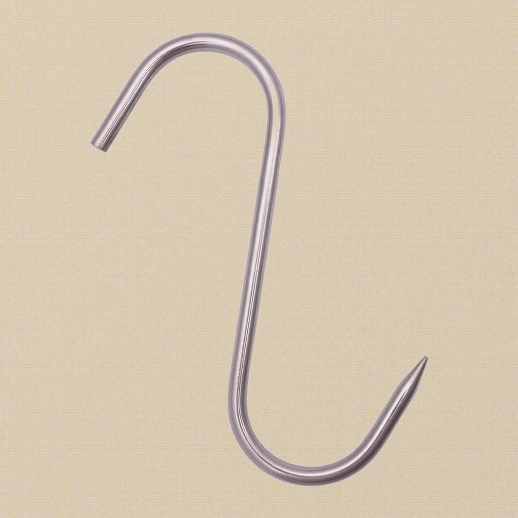 A close-up of the pointed tip of the stainless steel S-hook, showing the 8mm diameter.
