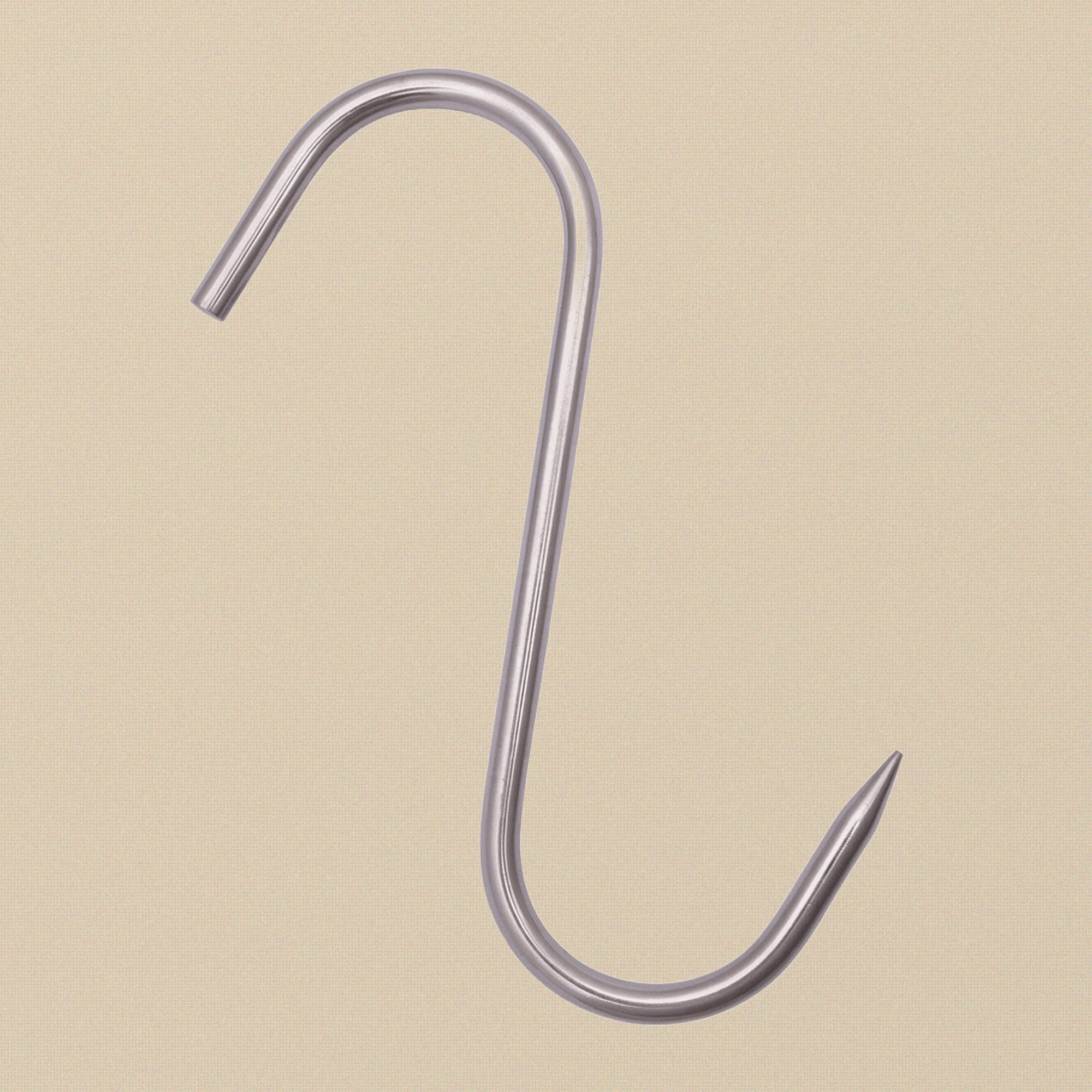 A close-up of the pointed tip of the stainless steel S-hook, showing the 8mm diameter.