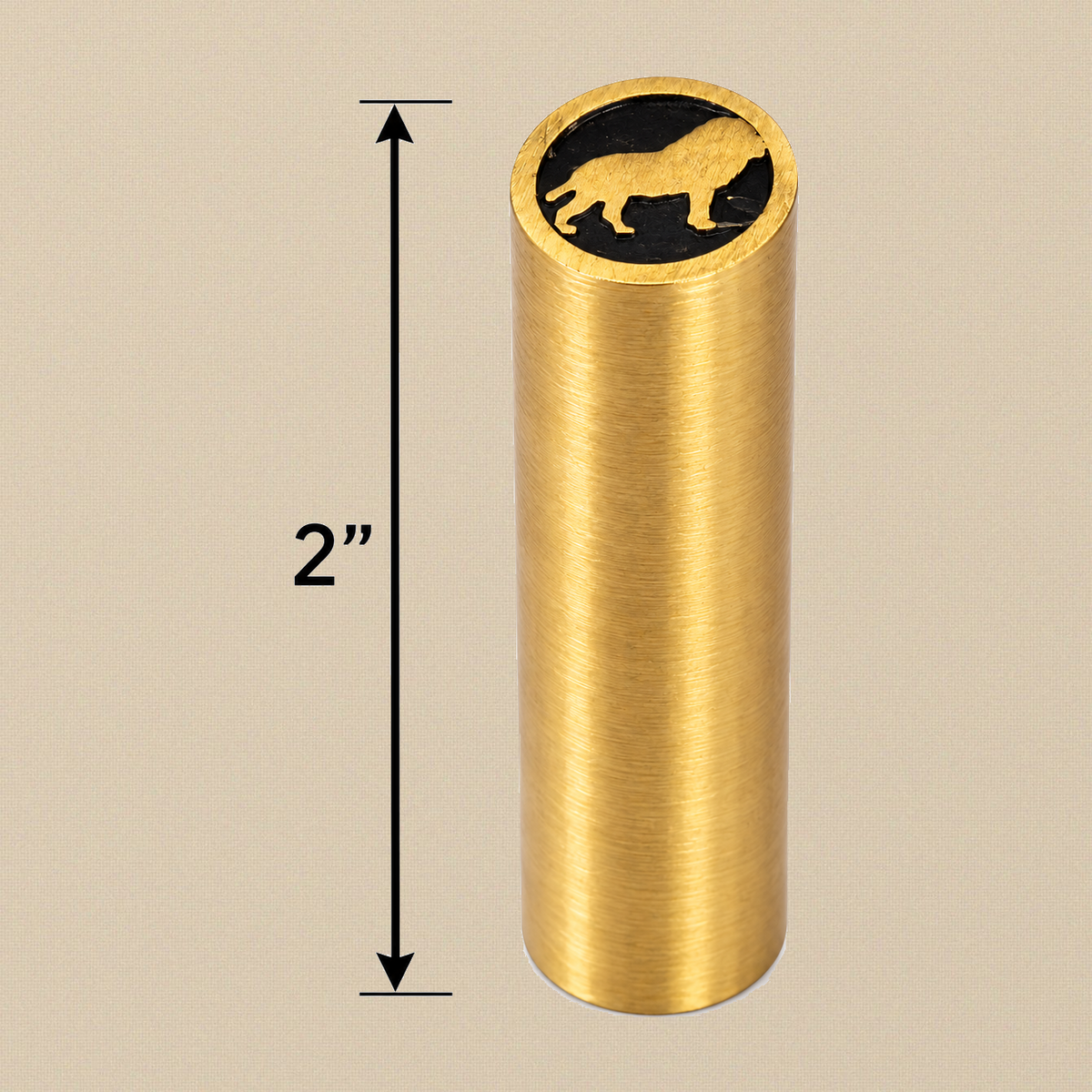 Lion pattern mosaic pin, 2 inch brass rod with a black resin end face showing a lion silhouette, length marked 2 in