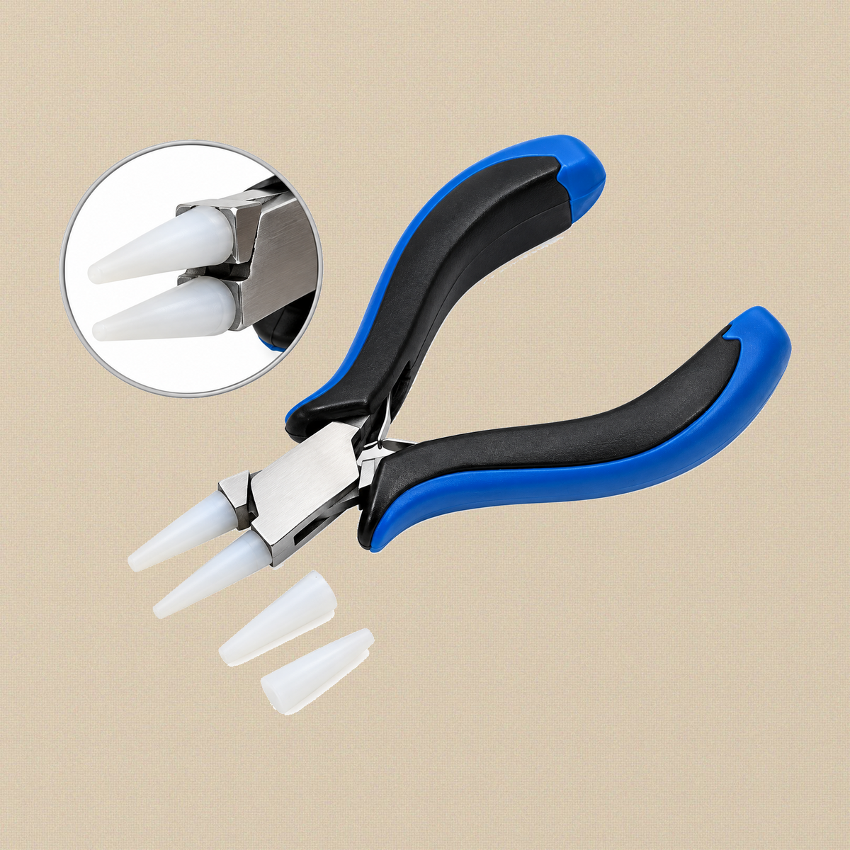 Round nose pliers with white nylon jaw covers fitted and two spare covers, blue and black handles, with a close-up of the covered jaws