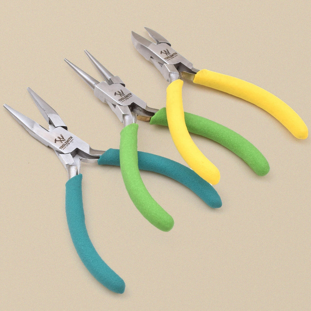 Economy Pliers Set, 3 Pieces, Chain Nose, Round Nose and Side Cutters, 12 cm Stainless Steel with Foam Grips, Starter Set | Jewellery Making Tools | Toolsmith Ltd UK