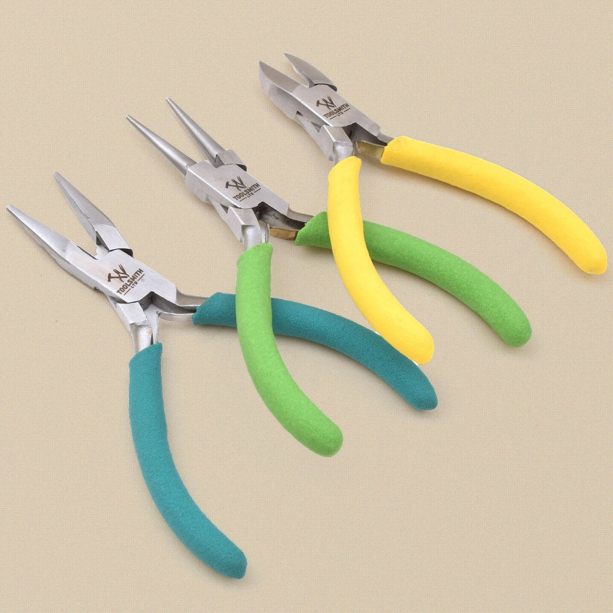 Economy Pliers Set, 3 Pieces, Chain Nose, Round Nose and Side Cutters, 12 cm Stainless Steel with Foam Grips, Starter Set | Jewellery Making Tools | Toolsmith Ltd UK
