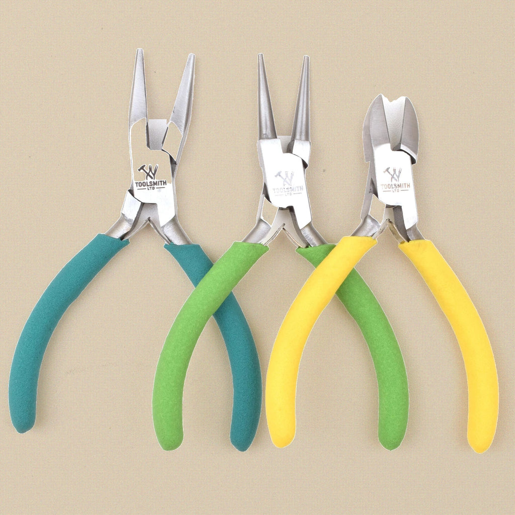 Economy Pliers Set, 3 Pieces, Chain Nose, Round Nose and Side Cutters, 12 cm Stainless Steel with Foam Grips, Starter Set | Jewellery Making Tools | Toolsmith Ltd UK