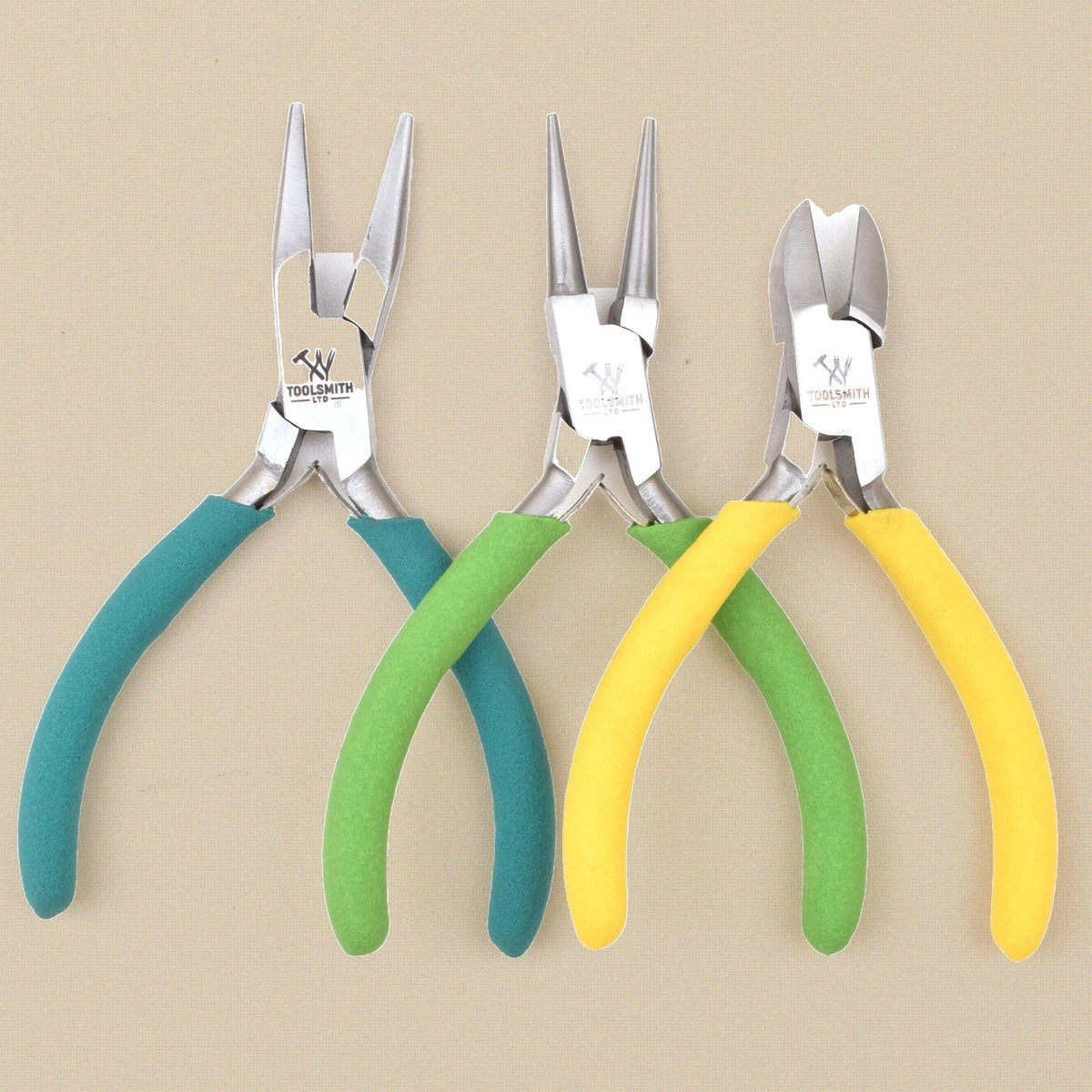 Economy Pliers Set, 3 Pieces, Chain Nose, Round Nose and Side Cutters, 12 cm Stainless Steel with Foam Grips, Starter Set | Jewellery Making Tools | Toolsmith Ltd UK