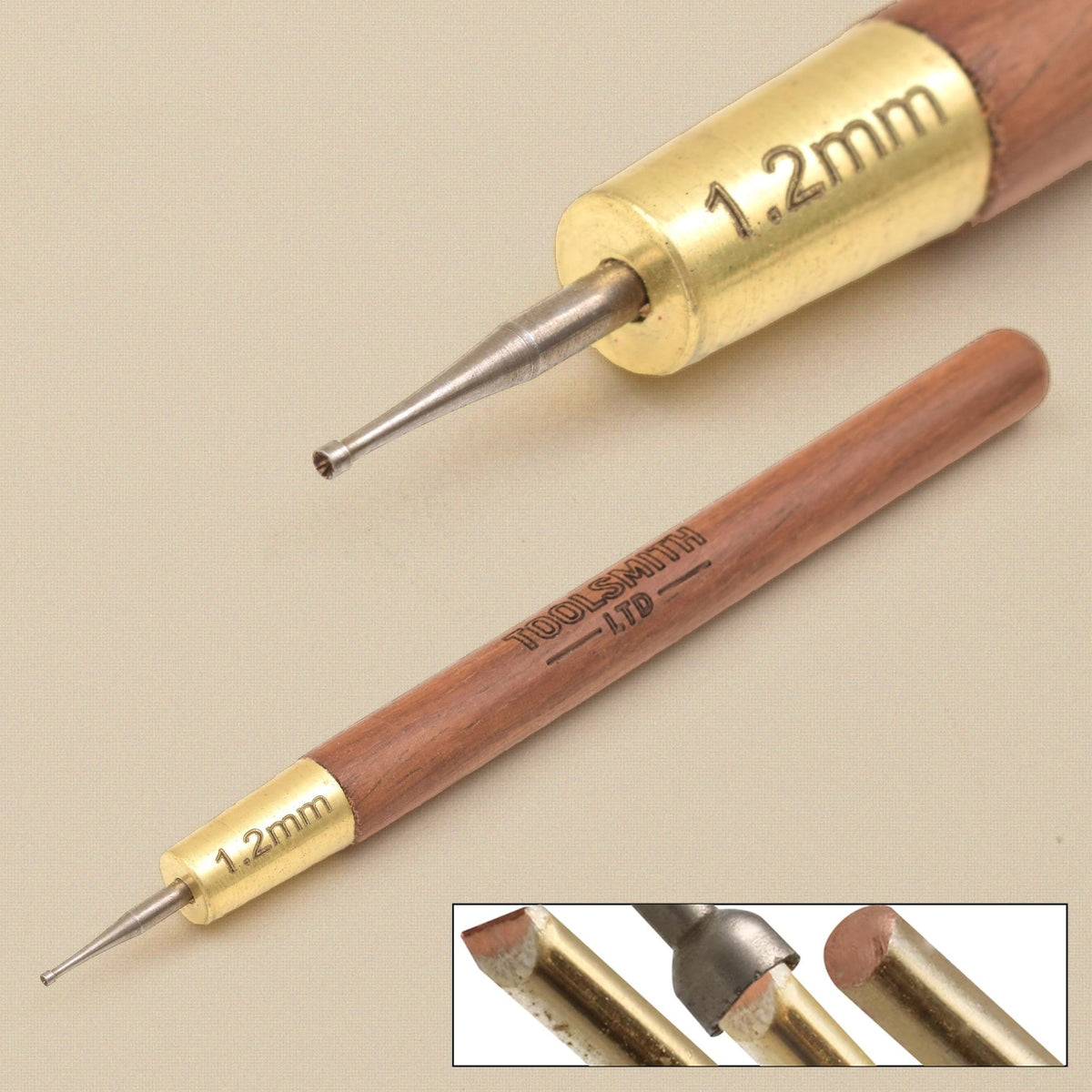 Wire rounder tool composite: full-length view, close-up of the 1.2 mm cup bur and an inset of the bur beside a wire end