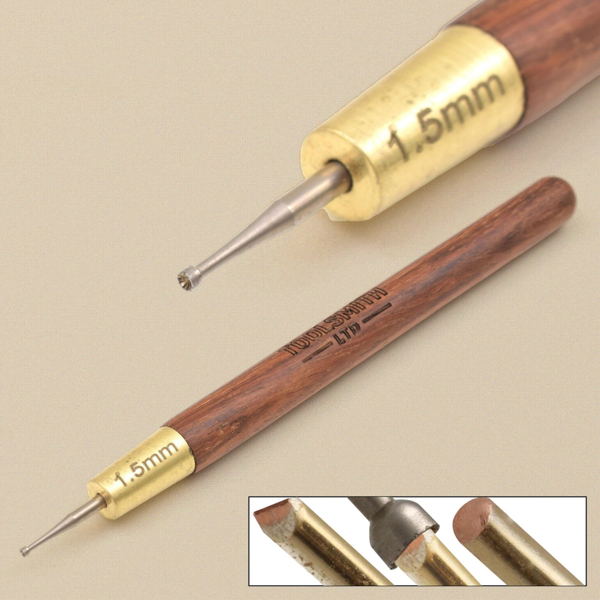 Wire rounder tool composite: full-length view, close-up of the 1.5 mm cup bur and an inset of the bur beside a wire end