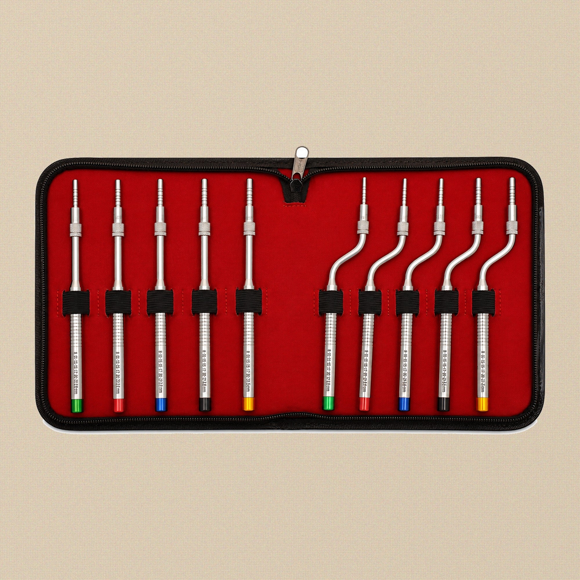 Dental Sinus Lift Osteotome Set: 10 Straight & Offset Convex Instruments in Leather Pouch