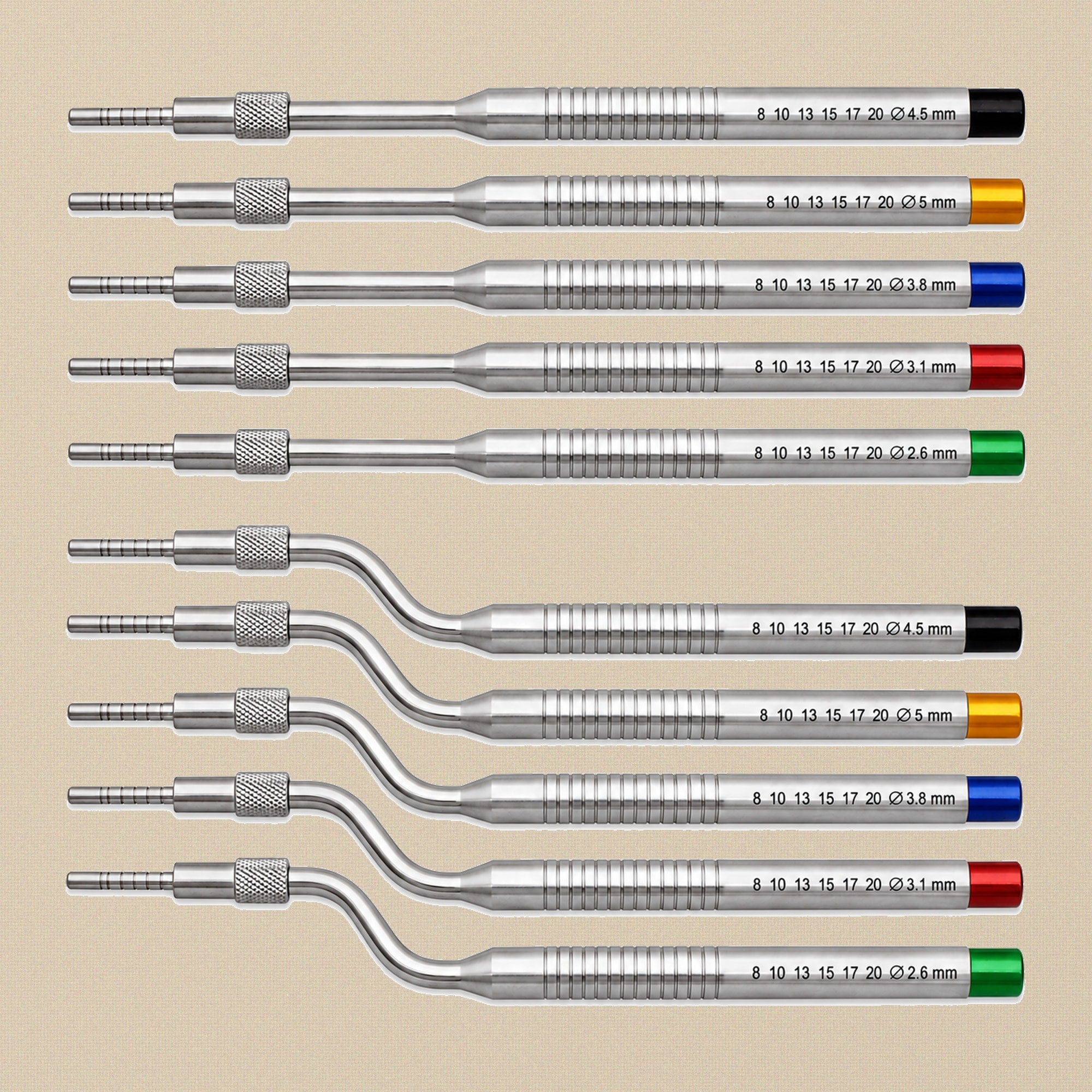 Dental Sinus Lift Osteotome Set: 10 Straight & Offset Convex Instruments in Leather Pouch