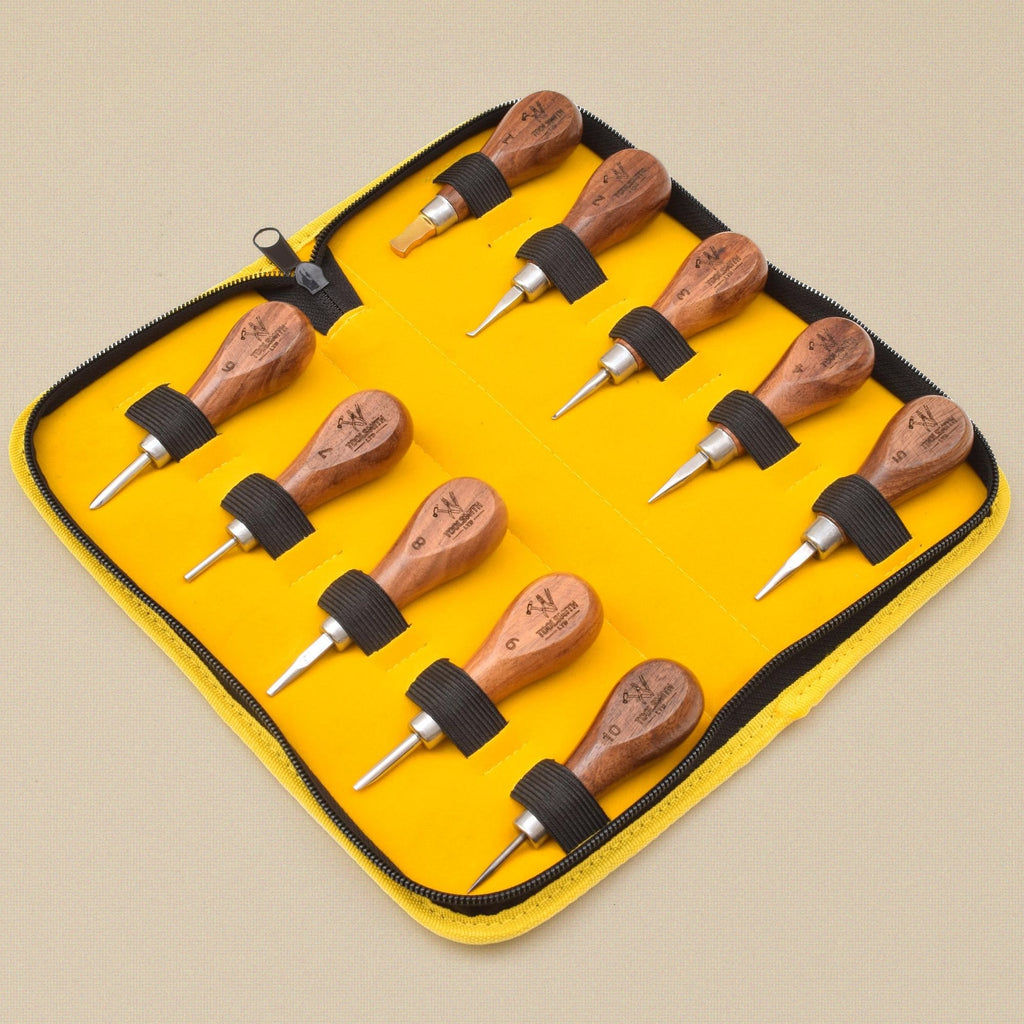 Stone Setting Tool Set, 10 Pieces with Wooden Handles in Zip Case, Pushers, Burnishers and Setting Points for Bezel and Prong Work | Jewellery Making Tools | Toolsmith Ltd UK