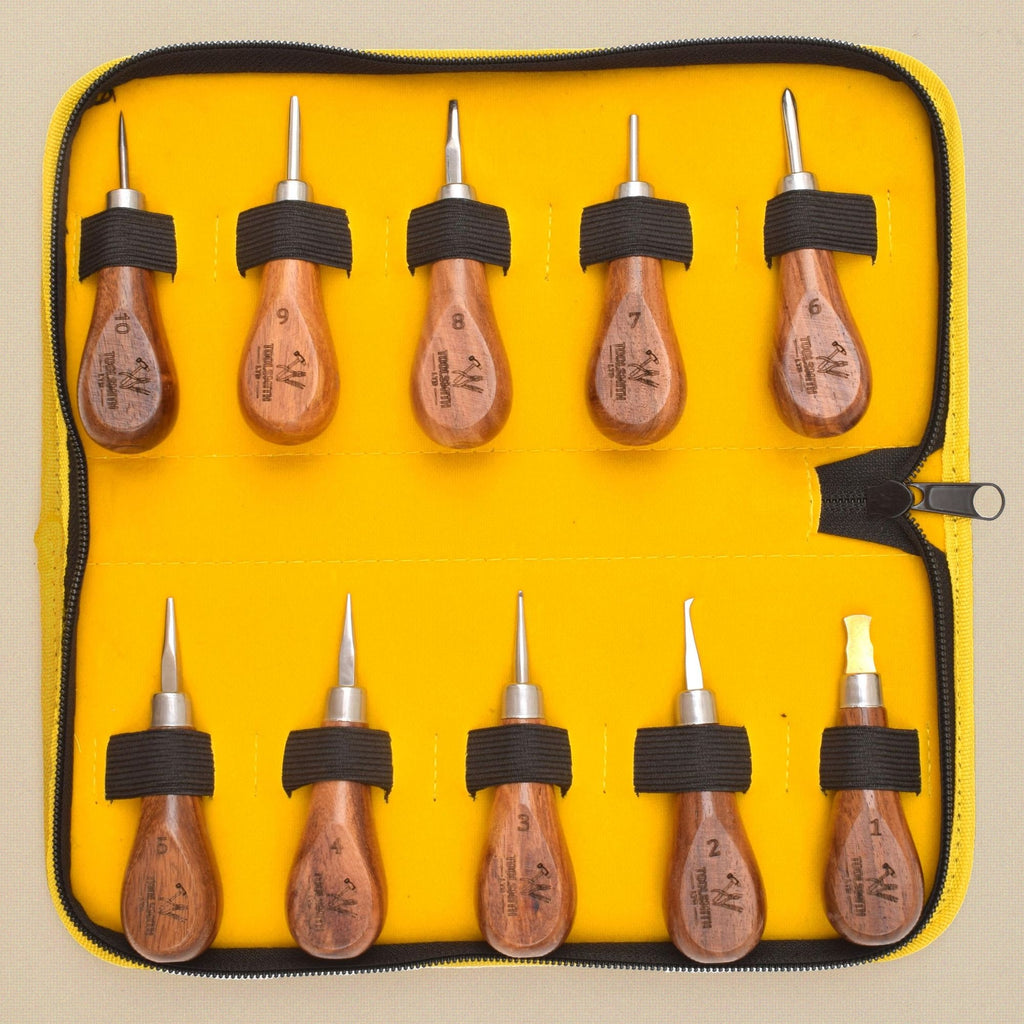 Stone Setting Tool Set, 10 Pieces with Wooden Handles in Zip Case, Pushers, Burnishers and Setting Points for Bezel and Prong Work | Jewellery Making Tools | Toolsmith Ltd UK