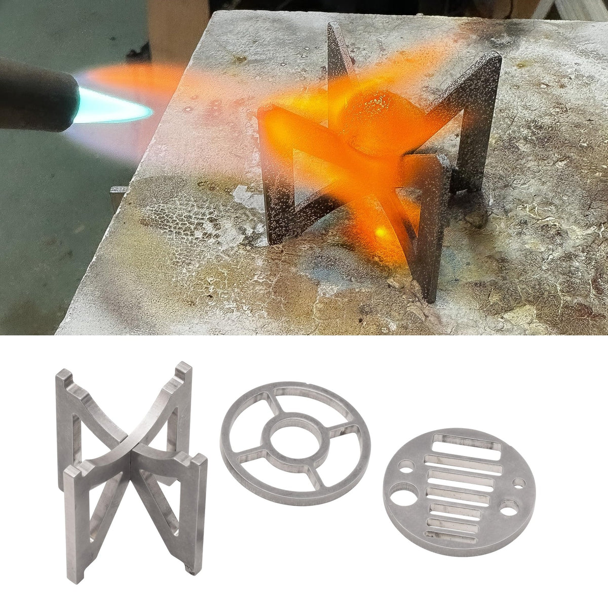 The titanium stand in use under a torch flame