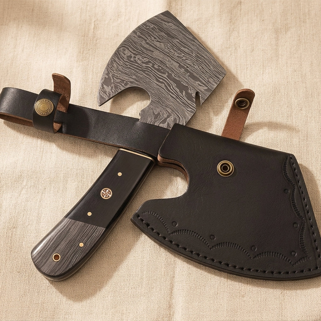 Damascus Steel Axe, 11-inch (279 mm), with Wood Handle and Leather Sheath | Axe | Toolsmith Ltd UK