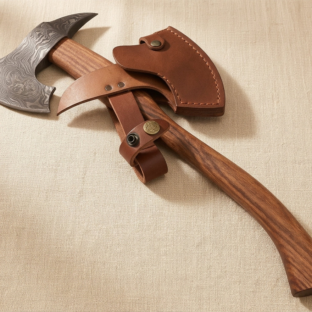 Damascus Steel Axe, 19-inch, with Walnut Wood Handle and Leather Sheath | Axe | Toolsmith Ltd UK