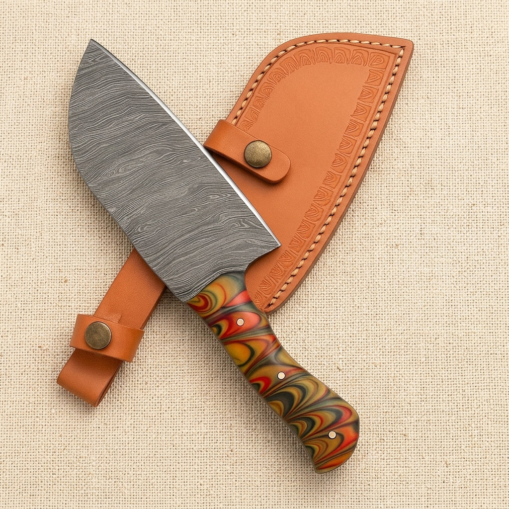 Damascus Steel Cleaver with 165mm Blade, Horn Handle and Leather Sheath | Cleaver | Toolsmith Ltd UK