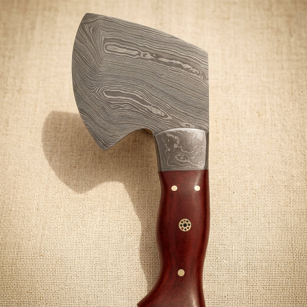 Damascus Steel Hatchet, 190mm, with Exotic Wood Handle and Leather Sheath | Hatchet | Toolsmith Ltd UK