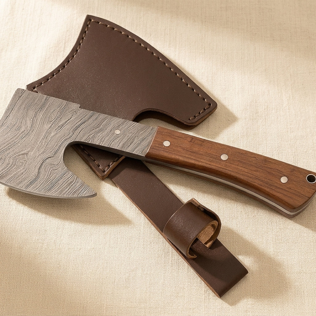 Damascus Steel Hatchet, 9-inch, with Wood and Brass Handle and Leather Sheath | Hatchets & Axes | Toolsmith Ltd UK