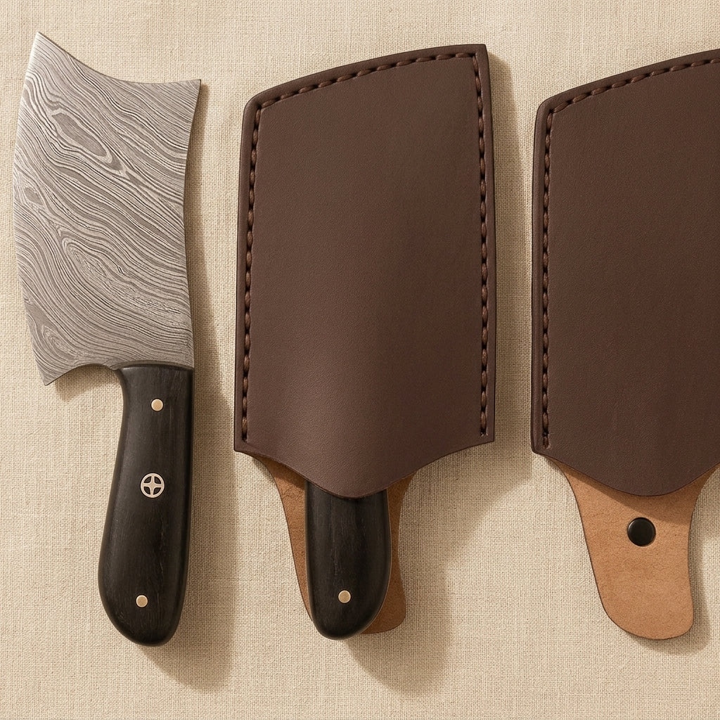 Damascus Steel Mini Axe, 216mm (8.5-inch), with Wood and Brass Handle and Leather Sheath | Axe | Toolsmith Ltd UK