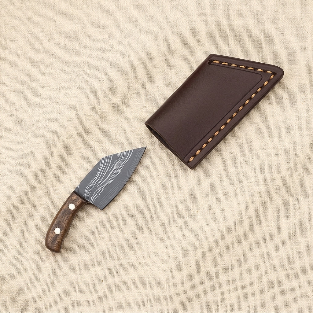 Miniature Damascus Skinner Knife, 50mm Blade, with Micarta Handle and Leather Sheath | Knife | Toolsmith Ltd UK