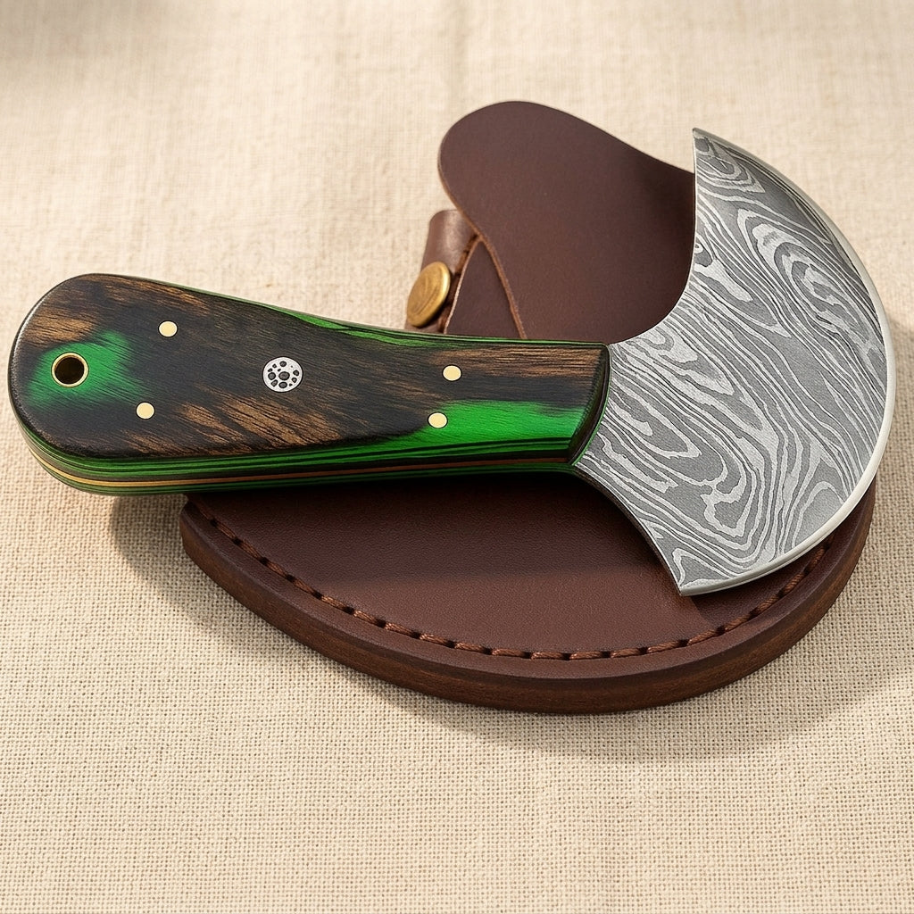 Damascus Steel Saddler's Leather Cutter, 6-inch, with Wood and Brass Handle and Leather Sheath | Leather Cutter | Toolsmith Ltd UK