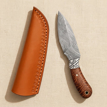 Damascus Steel Skinner Knife (8.6-inch) with Wood Handle and Leather Sheath | Knife | Toolsmith Ltd UK