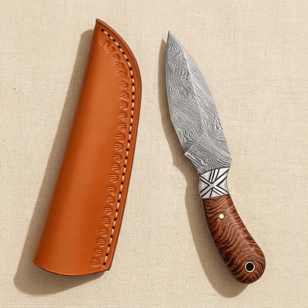 Damascus Steel Skinner Knife (8.6-inch) with Wood Handle and Leather Sheath | Knife | Toolsmith Ltd UK