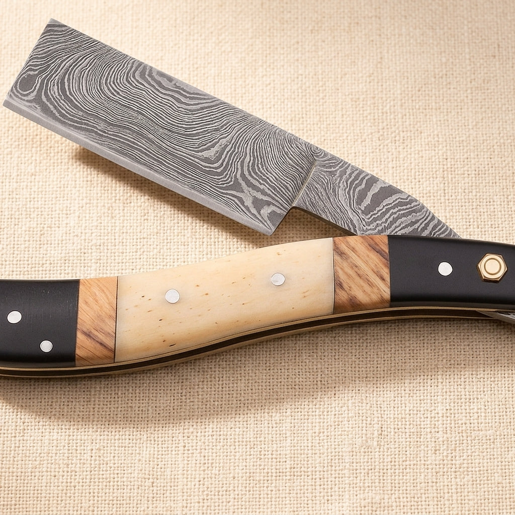 Damascus Steel Straight Razor with 70 mm Blade and Camel Bone Handle | Straight Razor | Toolsmith Ltd UK