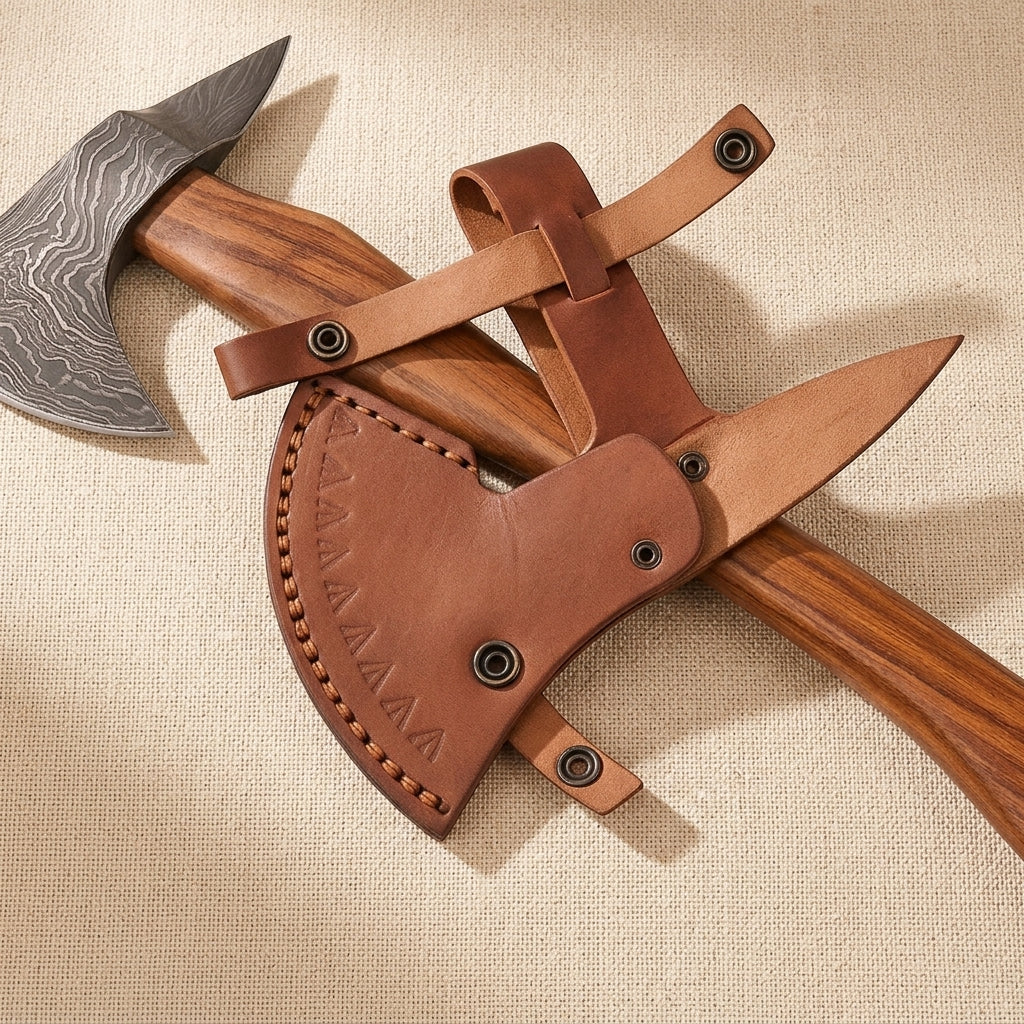 Double-Edged Damascus Steel Axe, 19-inch / 483mm, with Walnut Wood Handle and Leather Sheath | Axe | Toolsmith Ltd UK