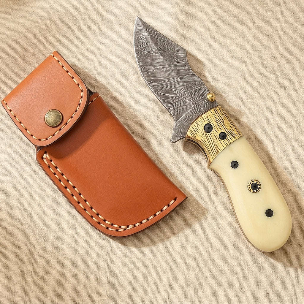 Folding Pocket Knife, 171 mm Damascus Steel, Bone-Handled with Leather Sheath | Knife | Toolsmith Ltd UK