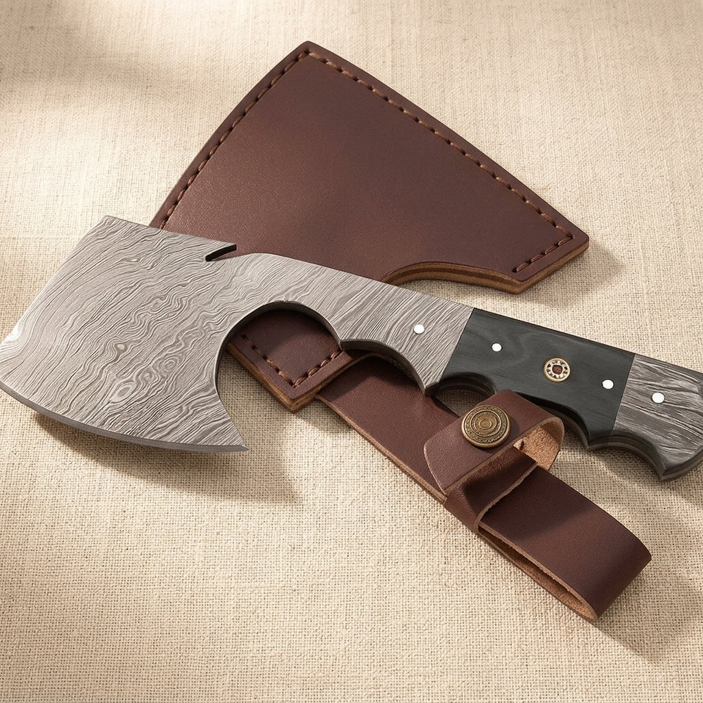 Hand-Forged Damascus Steel Axe, 21.7 cm, with Wood Handle and Leather Sheath | Axes | Toolsmith Ltd UK