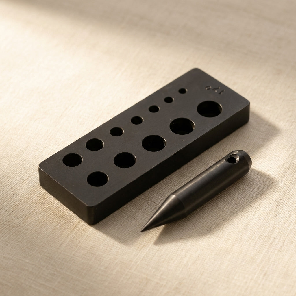 Jewellery Forming Plate with 17 Degree Punch, 12 Collet Holes 3mm to 19mm, Black Carbon Steel, Jewellery Making Tool Block | Jewellery Making Tools | Toolsmith Ltd UK