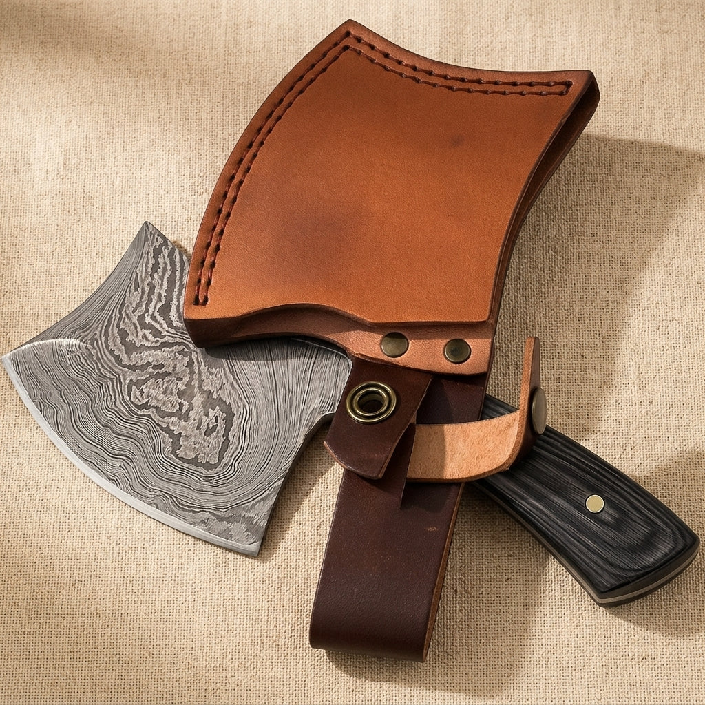 Mini Damascus Steel Axe, 7-inch, with Wood and Brass Handle and Leather Sheath | Axe | Toolsmith Ltd UK
