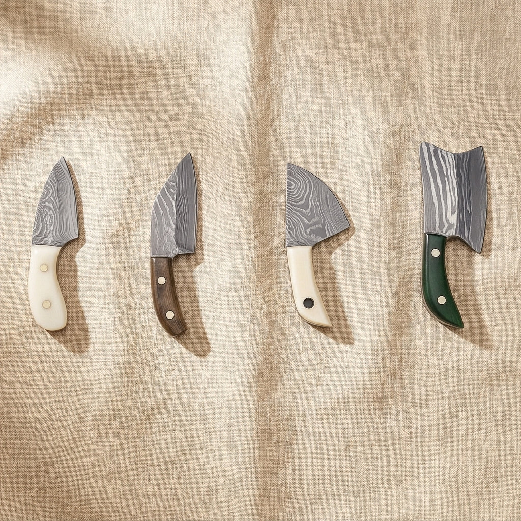 Miniature Damascus Steel Knife Set (4-Piece) with Mixed Handles and Leather Sheath | Knives & Blades | Toolsmith Ltd UK