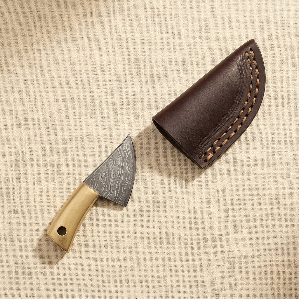 Miniature Damascus Skinner Knife, 66mm Brass-Handled, with Leather Sheath | Miniature Knife | Toolsmith Ltd UK