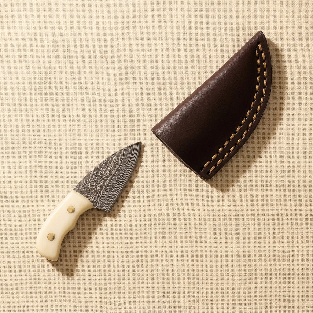 Miniature Damascus Skinner Knife, 76mm, Bone-Handled with Leather Sheath | Miniature Knife | Toolsmith Ltd UK
