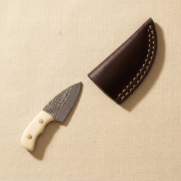Miniature Damascus Skinner Knife, 76mm, Bone-Handled with Leather Sheath | Miniature Knife | Toolsmith Ltd UK
