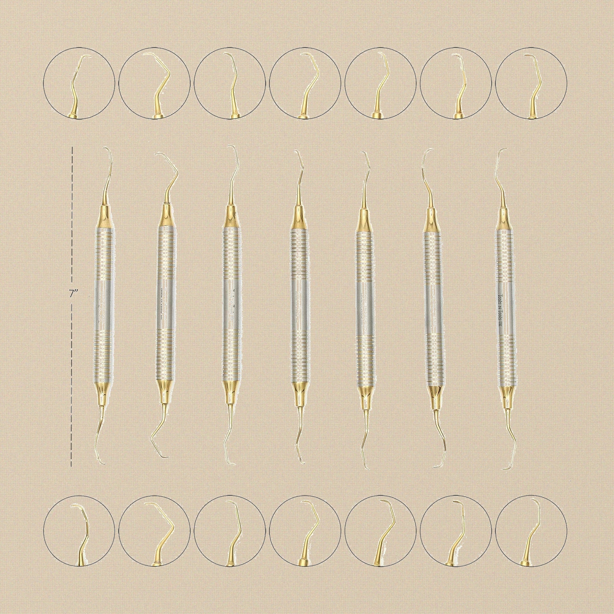 Gracey Curette & Scaler Set, 7-Piece Gold Plasma-Coated, Sizes 1/2–13/14 | Dental Instruments | Toolsmith Ltd UK