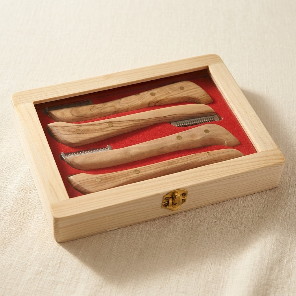 4-Piece Pet Grooming Stripping Knife Set, Wooden Handle Combs with Storage Box, Coarse, Fine, Small & Medium Sizes Brushes for Dogs and Cats, Right Handed Design | Pet Grooming Tools | Toolsmith Ltd UK