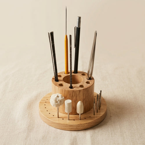 42-Holes Wooden Saw Blade Storage Organiser, 125 MM Round Base Stand with Burs, Bits, Files, Tweezers Holder, 65 MM Height | Jewellery Making Tools | Toolsmith Ltd UK