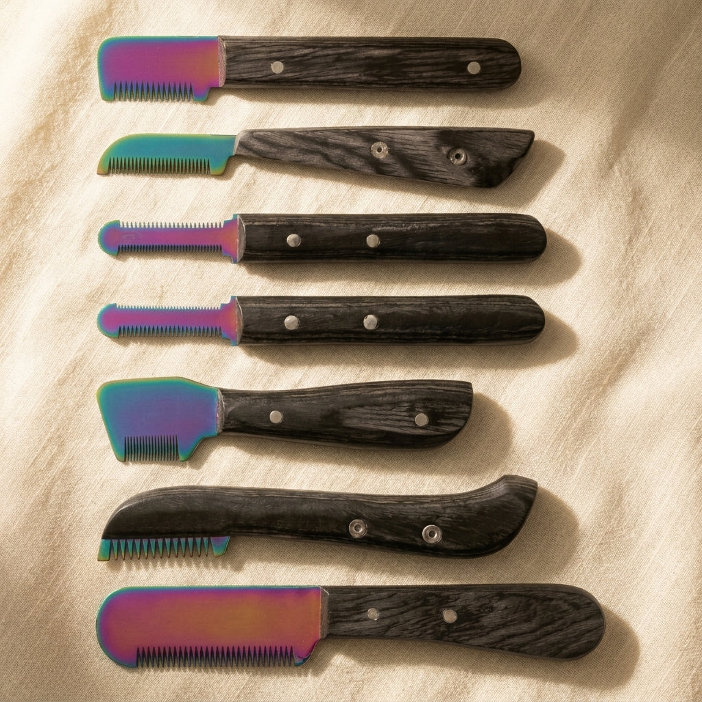 6-Piece Black Multi Blade Pet Grooming Stripping Knife Set, Dog Cat Combs/ Brushes with Storage Box, Stainless Steel Right Handed Design, Wooden Handle | Pet Grooming Tools | Toolsmith Ltd UK