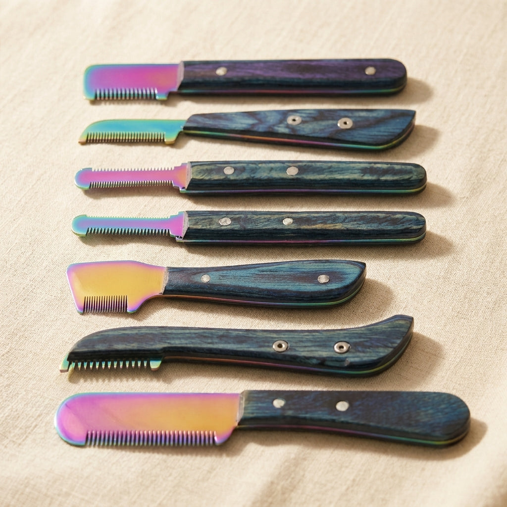 6-Piece Blue Multi Blade Pet Grooming Stripping Knife Set, Stainless Steel Right Handed Combs, Wooden Handle Brushes Come in Storage Box for Cat and Dog | Pet Grooming Tools | Toolsmith Ltd UK