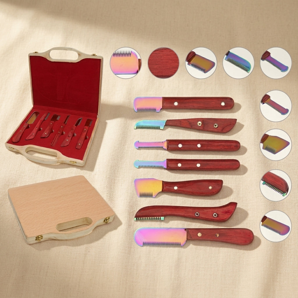 6-Piece Red Multi Blade Pet Grooming Stripping Knife Set, Stainless Steel Right Handed Combs, Wood Handle, Dog Cat Brushes with Storage Box | Pet Grooming Tools | Toolsmith Ltd UK